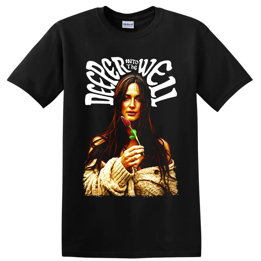 Kacey Musgraves retro portrait holding a pink flower with bold white lettering on a Black T Shirt