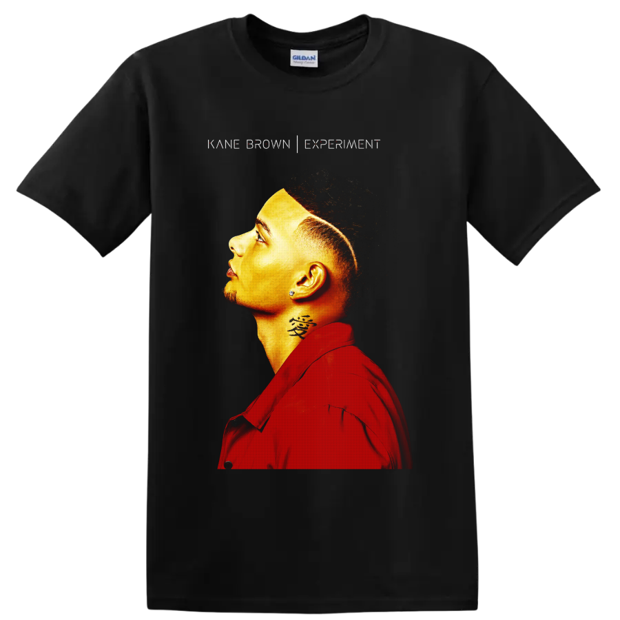 Kane Brown Experiment side-profile portrait in vivid red and gold tones on a Black T Shirt