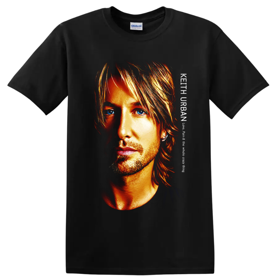 Keith Urban close-up portrait in fiery high-contrast art with striking blue eyes on a Black T Shirt