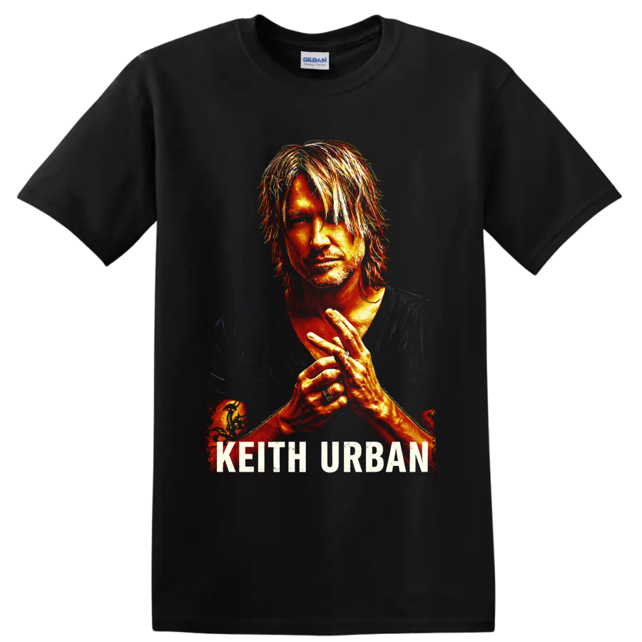 Fiery painted Keith Urban portrait with clasped hands and distressed KEITH URBAN text on a Black T Shirt