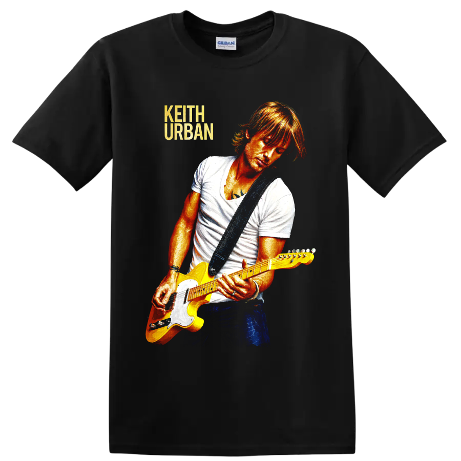 Keith Urban portrait playing yellow electric guitar in vivid concert art on a Black T Shirt