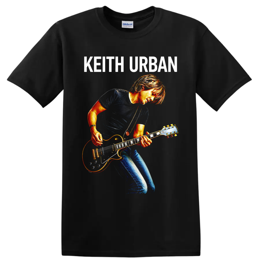 Keith Urban guitarist in vivid concert-poster style with electric guitar and name text on a Black T Shirt