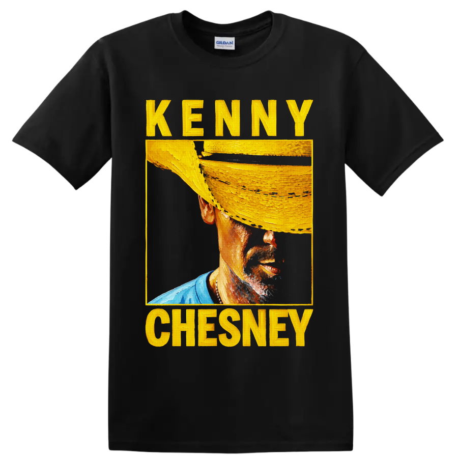 Kenny Chesney painterly cowboy hat portrait with bold yellow lettering on a Black T Shirt