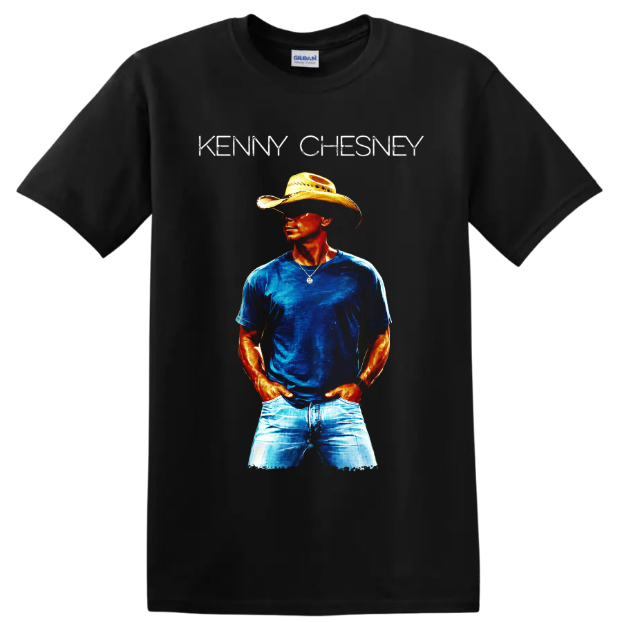 Kenny Chesney cowboy hat portrait in vivid blue and orange painterly country music art on a Black T Shirt