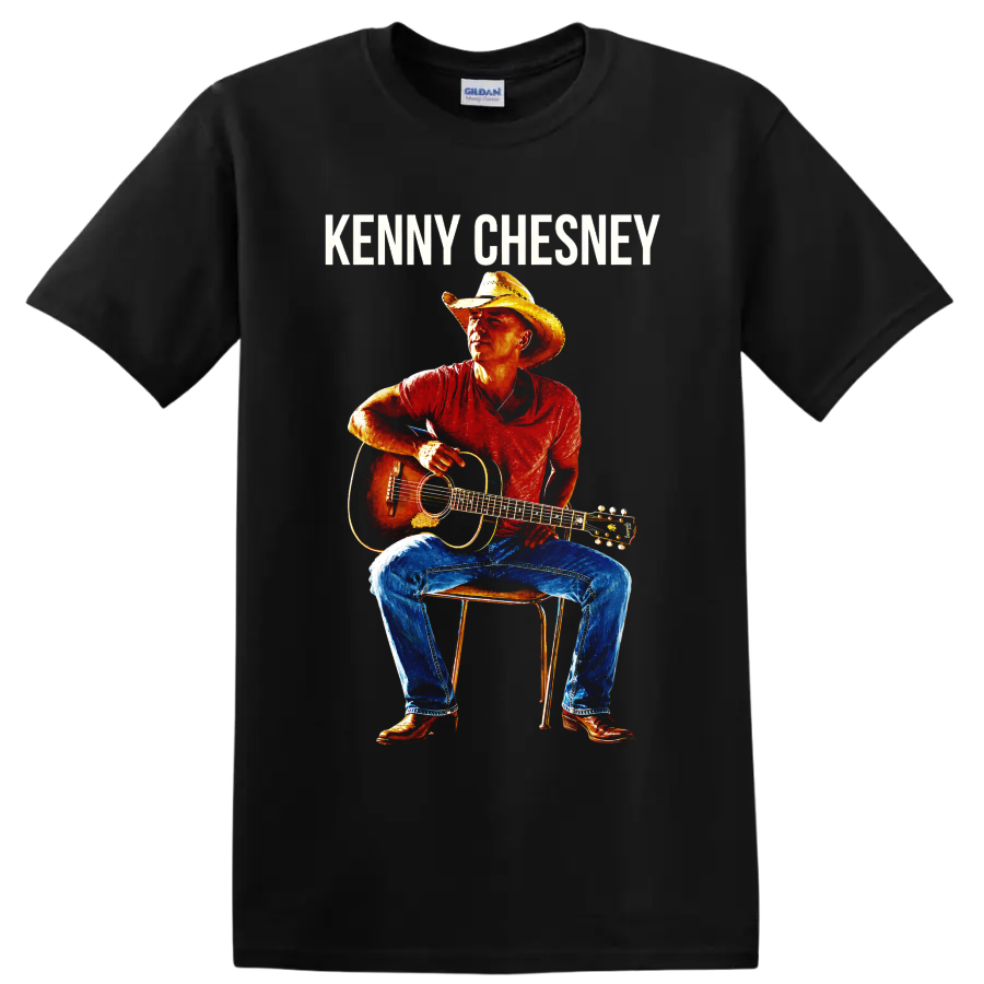 Kenny Chesney portrait with cowboy hat and acoustic guitar in vivid poster style on a Black T Shirt