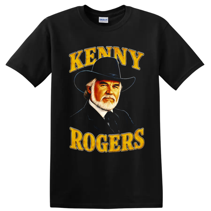 Kenny Rogers cowboy hat portrait with gold KENNY ROGERS lettering in vintage Western style on a Black T Shirt