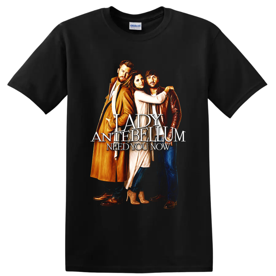 Lady Antebellum trio portrait with Need You Now layered country music lettering on a Black T Shirt