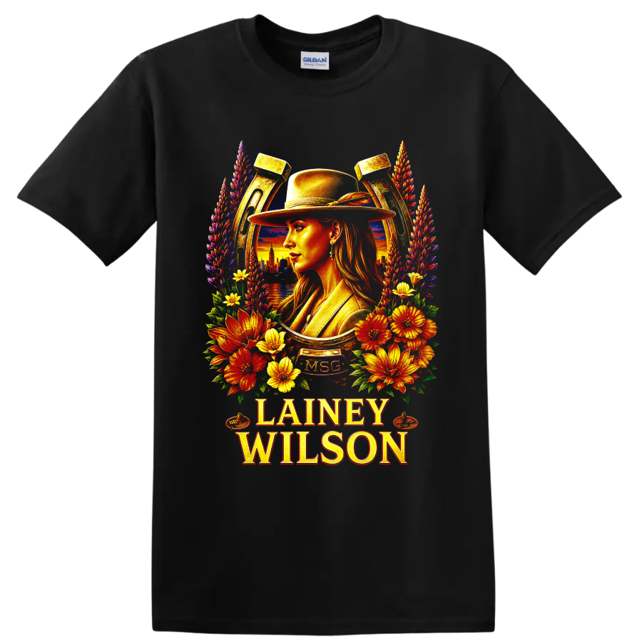 Lainey Wilson western hat portrait with floral horseshoe and sunset skyline on a Black T Shirt