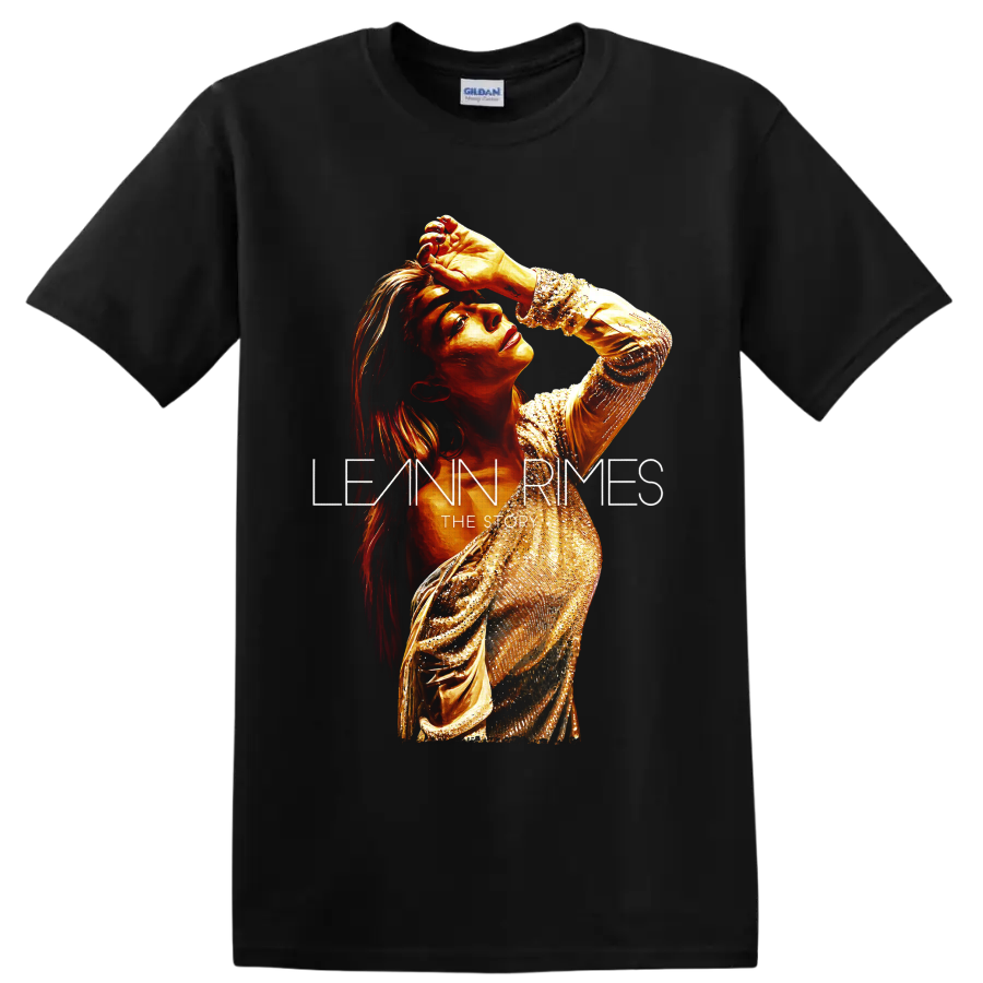 LeAnn Rimes golden glam portrait with The Story lettering on a Black T Shirt