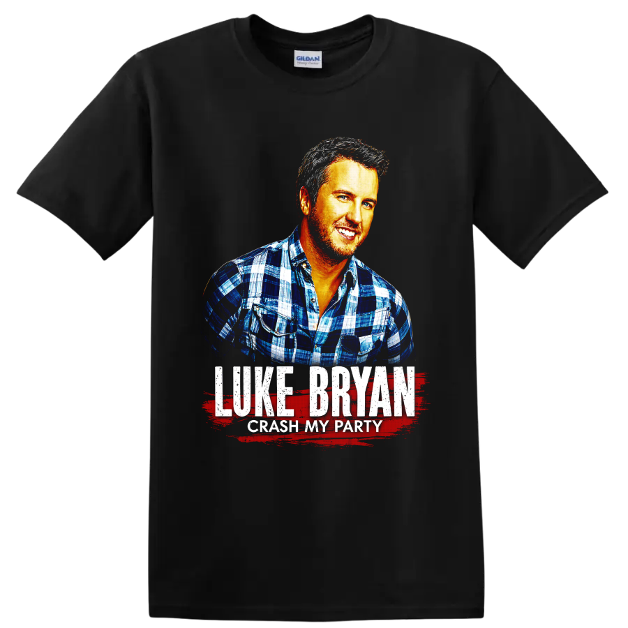 Luke Bryan Crash My Party portrait with distressed lettering and red brushstroke on a Black T Shirt