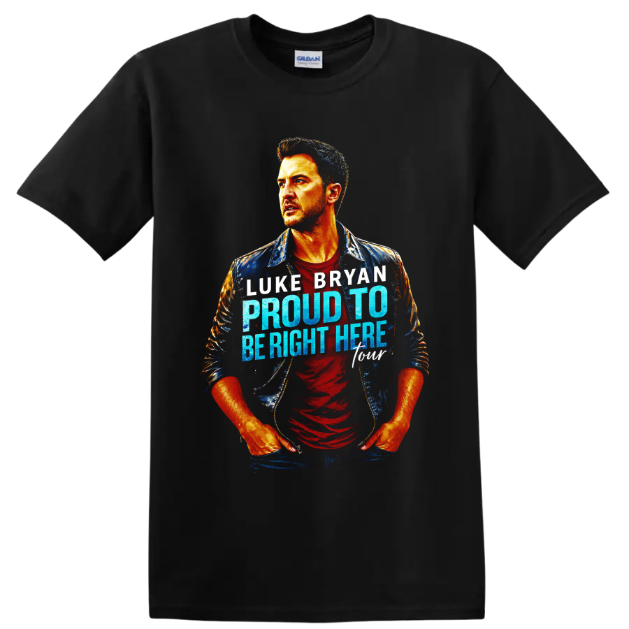 Luke Bryan painterly portrait with Proud To Be Right Here blue and white lettering on a Black T Shirt