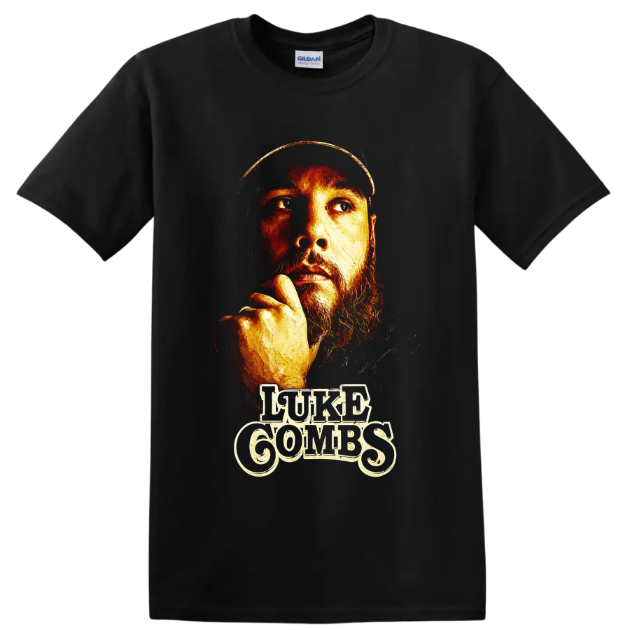 Luke Combs painted portrait with fiery split lighting and decorative lettering on a Black T Shirt