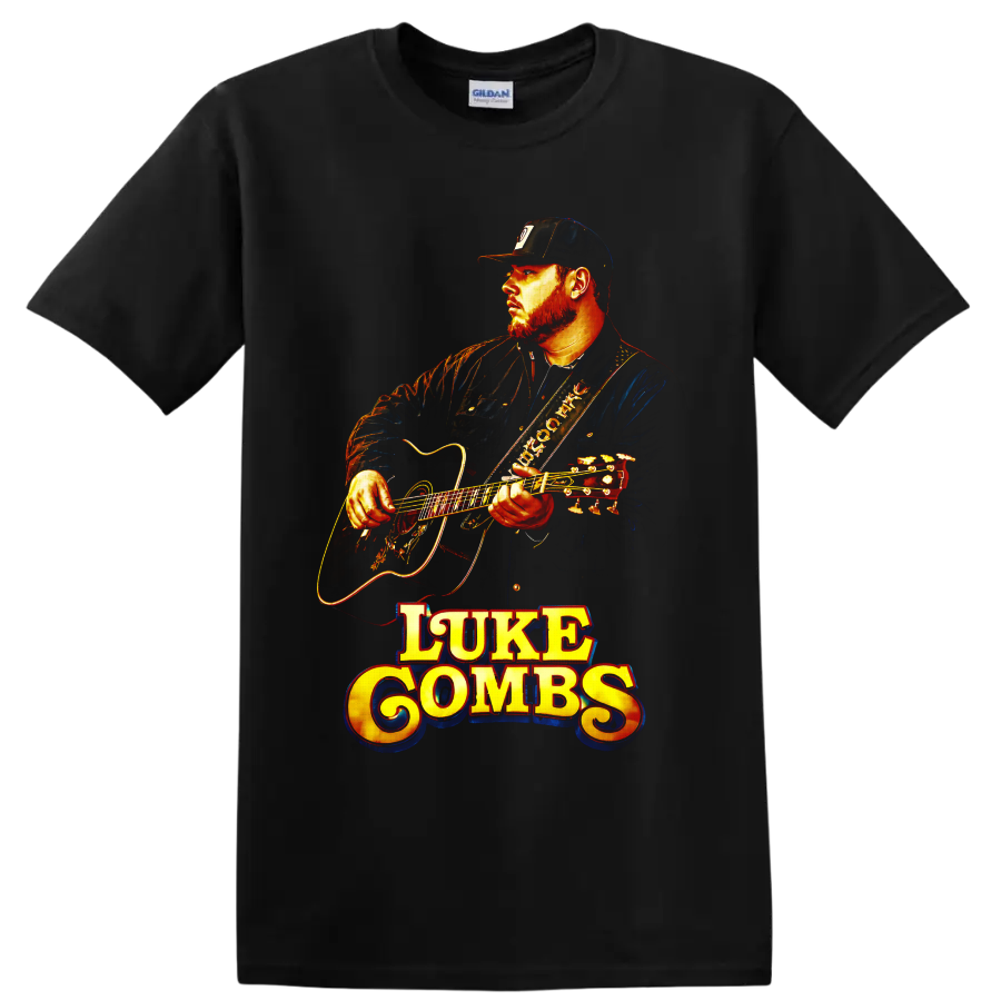 Luke Combs playing acoustic guitar in vivid vintage concert-poster style on a Black T Shirt