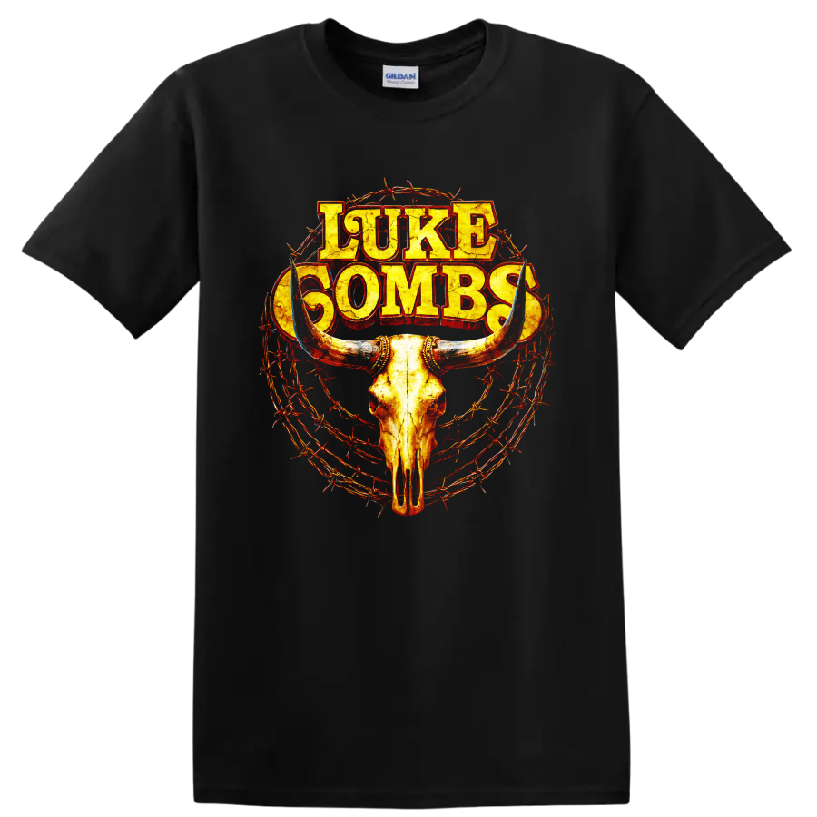 Luke Combs distressed lettering with longhorn skull and barbed wire western graphic on a Black T Shirt