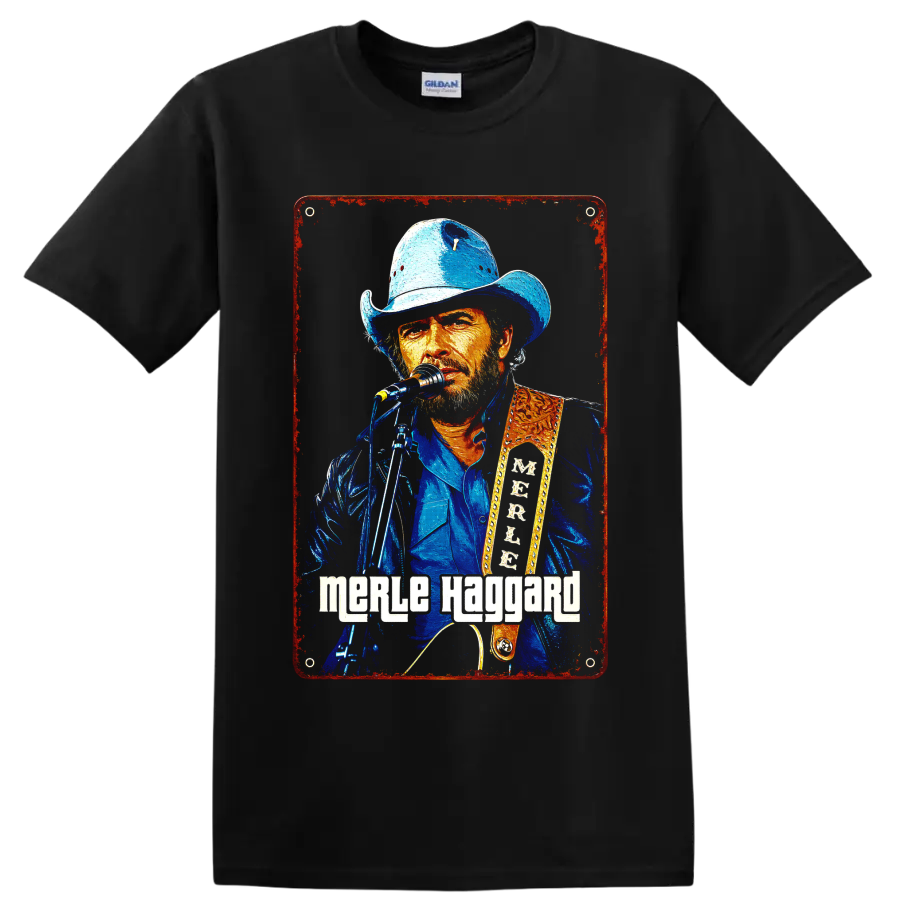 Merle Haggard painted cowboy-hat performance portrait with microphone and guitar on a Black T Shirt