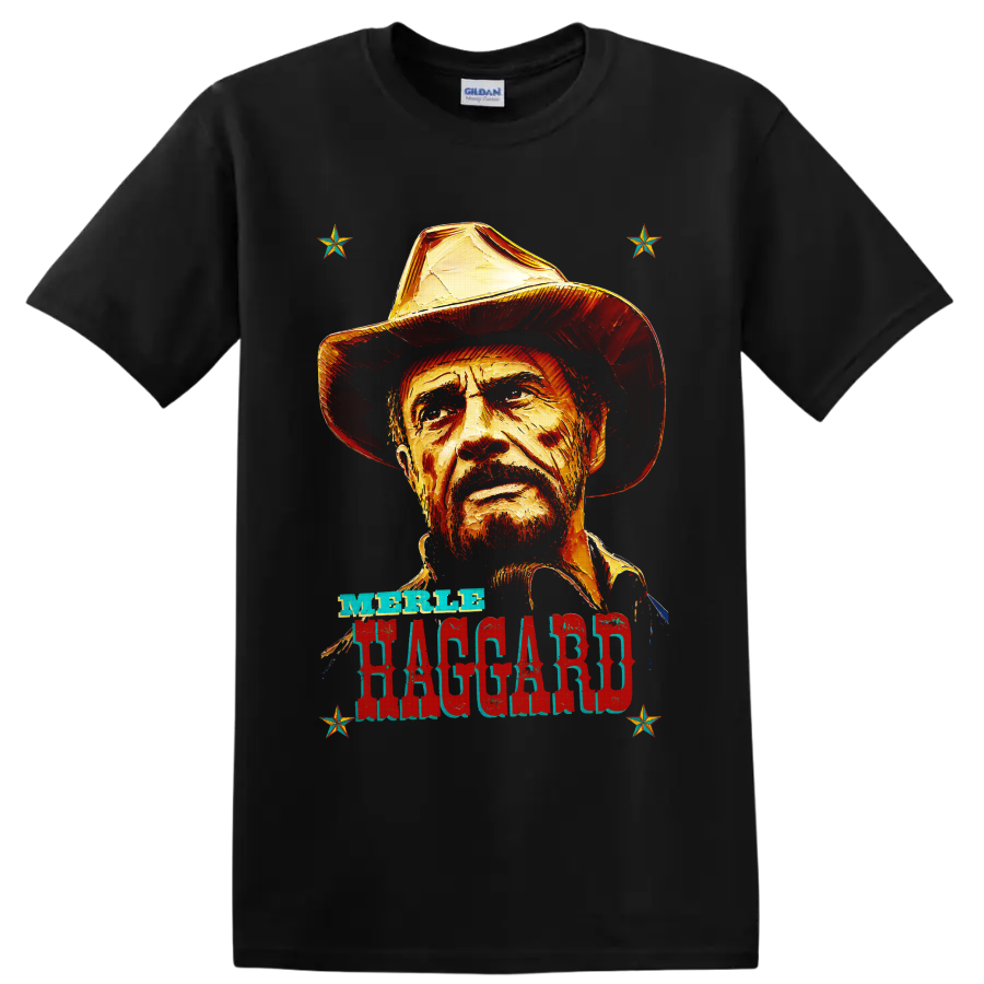 Merle Haggard cowboy hat portrait with distressed western lettering and stars on a Black T Shirt
