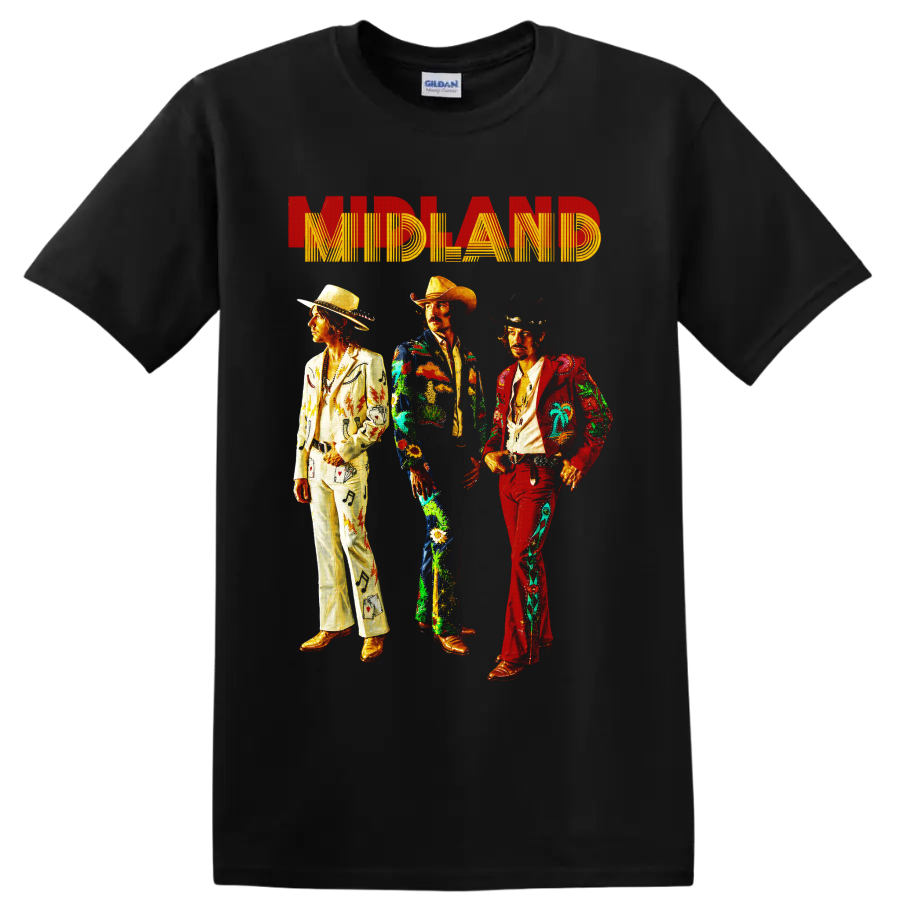 Midland country trio in colorful western suits beneath retro MIDLAND lettering on a Black T Shirt