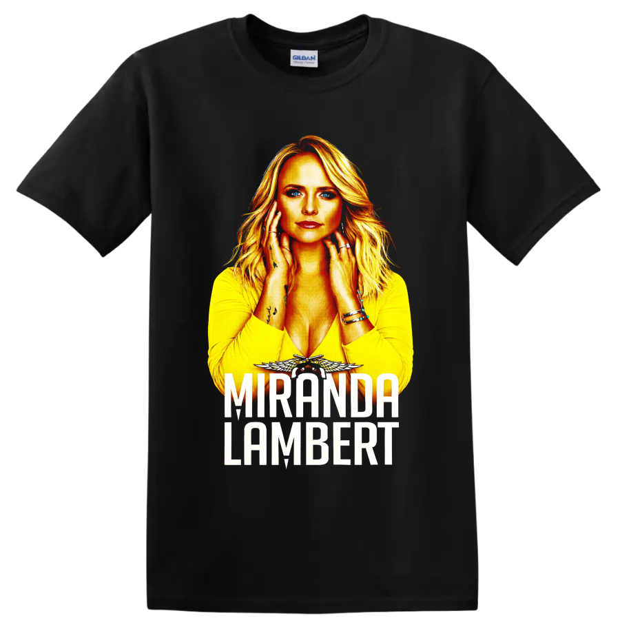 Miranda Lambert portrait with fiery gold artwork, winged accent, and bold name lettering on a Black T Shirt
