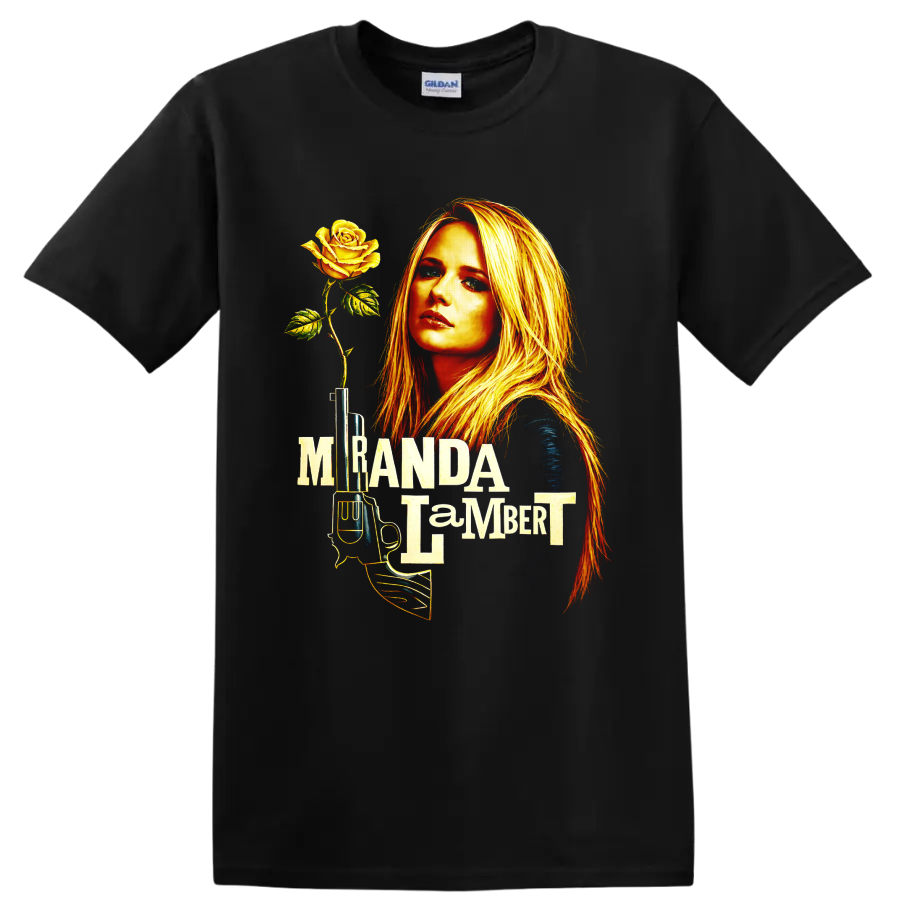 Miranda Lambert portrait with yellow rose, vintage microphone, and bold layered lettering on a Black T Shirt