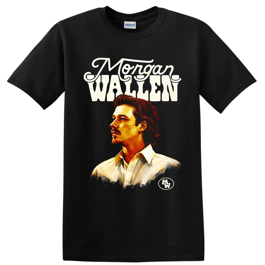 Morgan Wallen painted portrait with western lettering and fiery country music art on a Black T Shirt