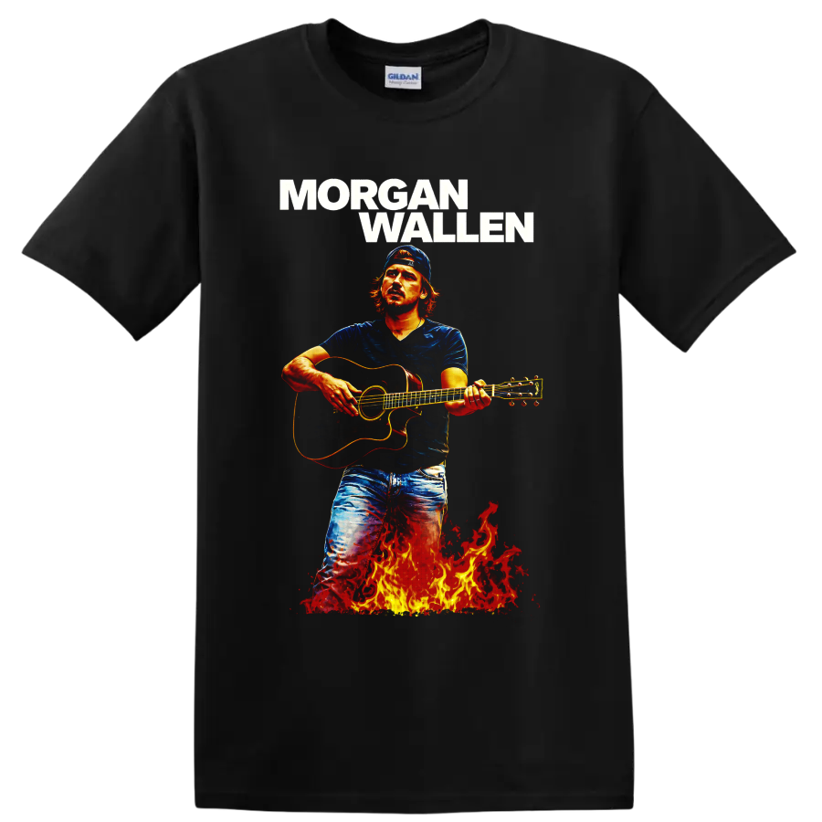 Morgan Wallen guitar player illustration with bold name text and fiery flames on a Black T Shirt