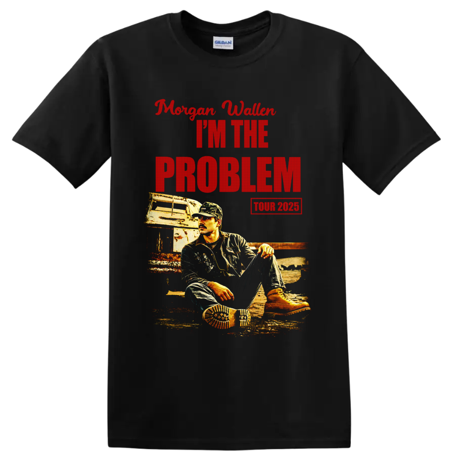 Morgan Wallen I'm The Problem Tour 2025 distressed portrait and trailer graphic on a Black T Shirt