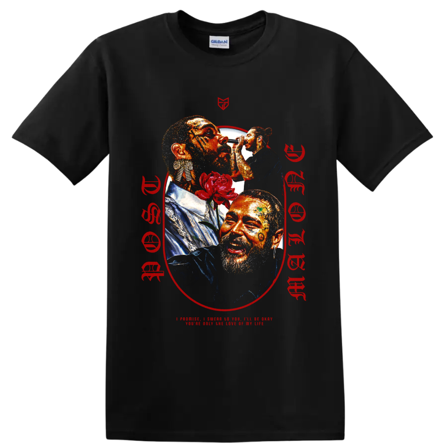 Post Malone tattooed portrait collage with red rose and microphone performance on a Black T Shirt