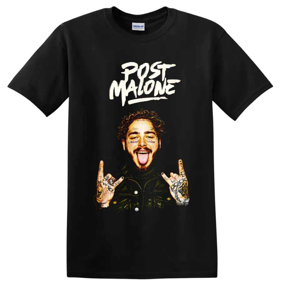 Post Malone portrait with tattooed hands and bold brush lettering on a Black T Shirt