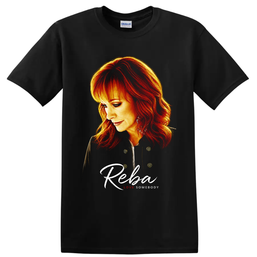 Reba McEntire fiery red hair portrait with script Reba and Love Somebody text on a Black T Shirt