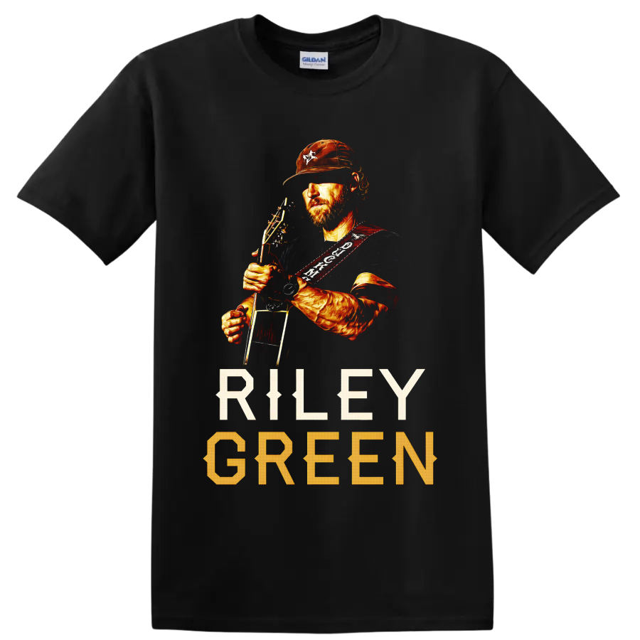 Riley Green holding guitar in warm western portrait art with RILEY GREEN text on a Black T Shirt