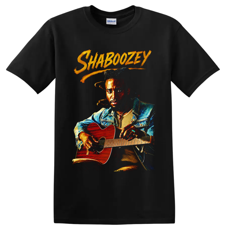Painted Shaboozey portrait holding a red acoustic guitar with orange brush lettering on a Black T Shirt