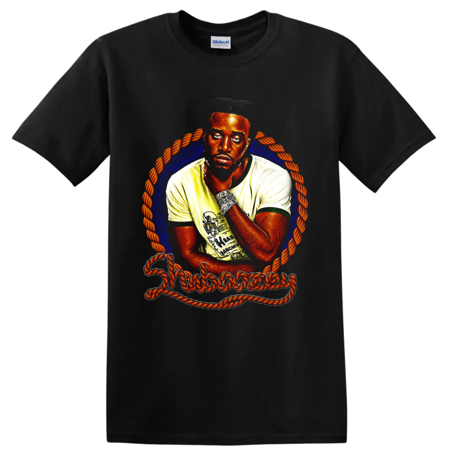 Shaboozey portrait illustration with blue halo, orange rope frame, and signature lettering on a Black T Shirt