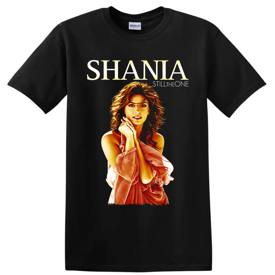 Shania Twain Still the One portrait in fiery red and gold country-pop fan art on a Black T Shirt