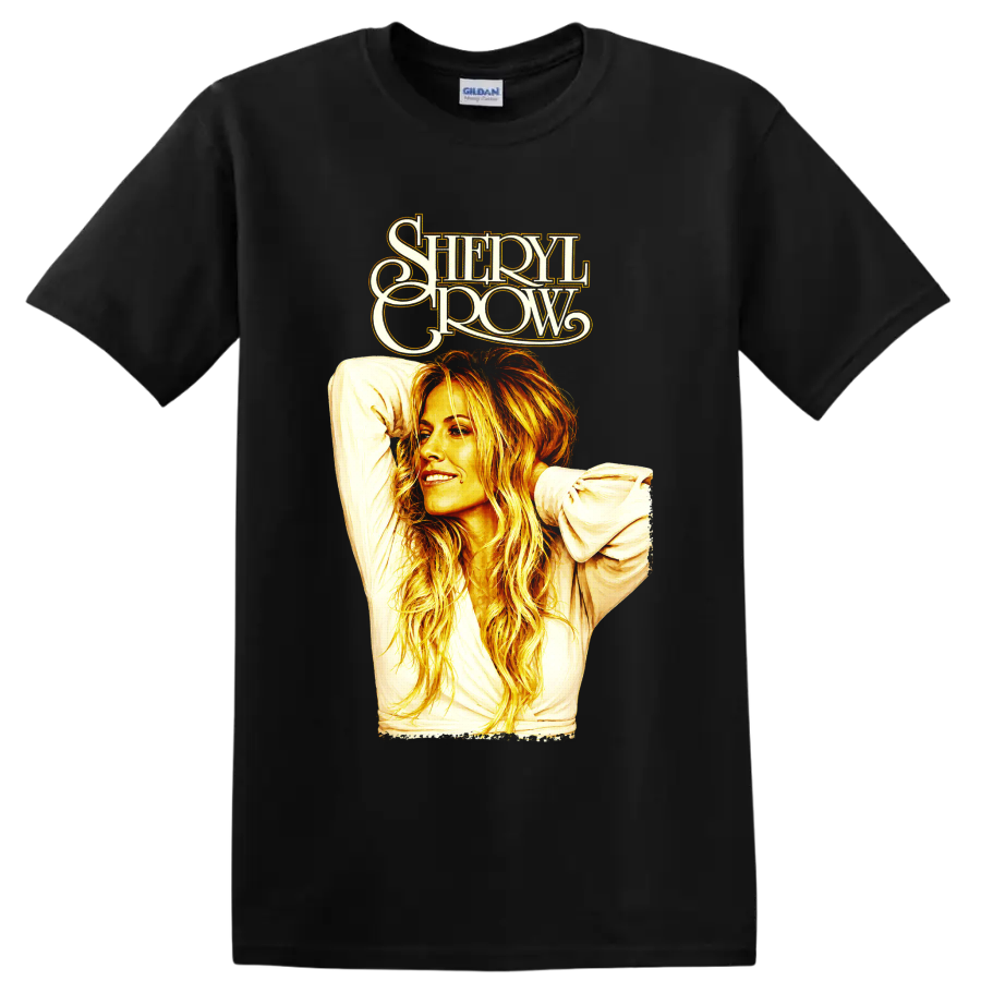 Sheryl Crow retro gold and orange portrait with stylized lettering on a Black T Shirt