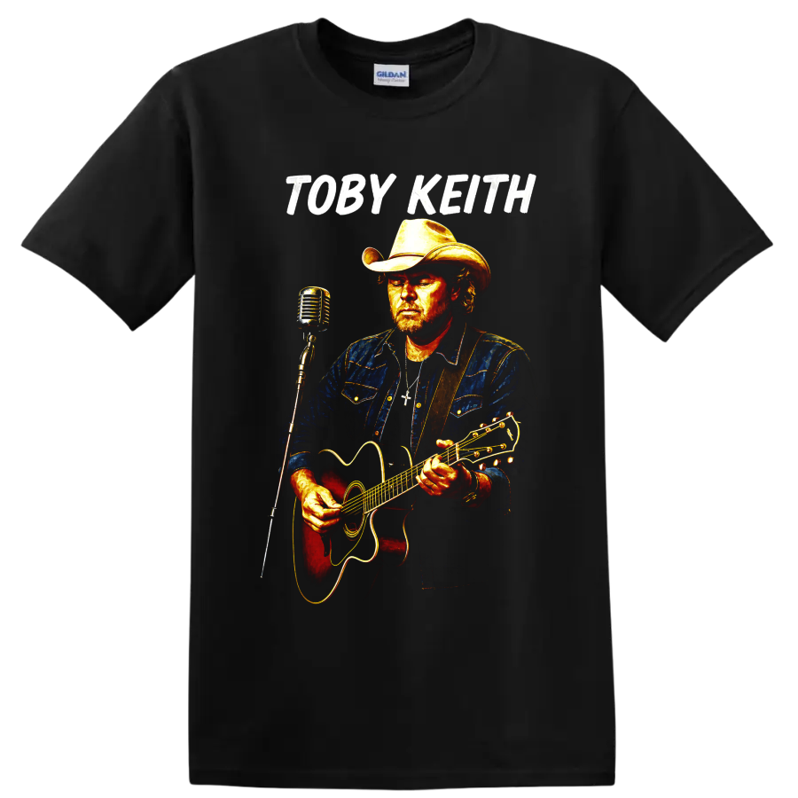 Toby Keith country singer portrait with cowboy hat, acoustic guitar, and vintage on a Black T Shirt