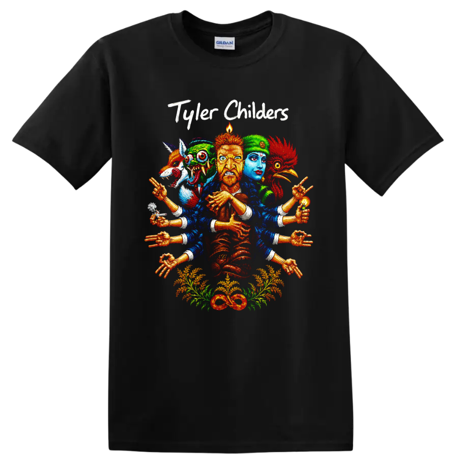 Tyler Childers surreal folk-art portrait with guitar, colorful faces, hands, and on a Black T Shirt