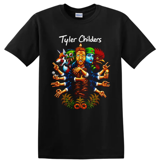 Tyler Childers surreal folk-art portrait with guitar, colorful faces, hands, and on a Black T Shirt