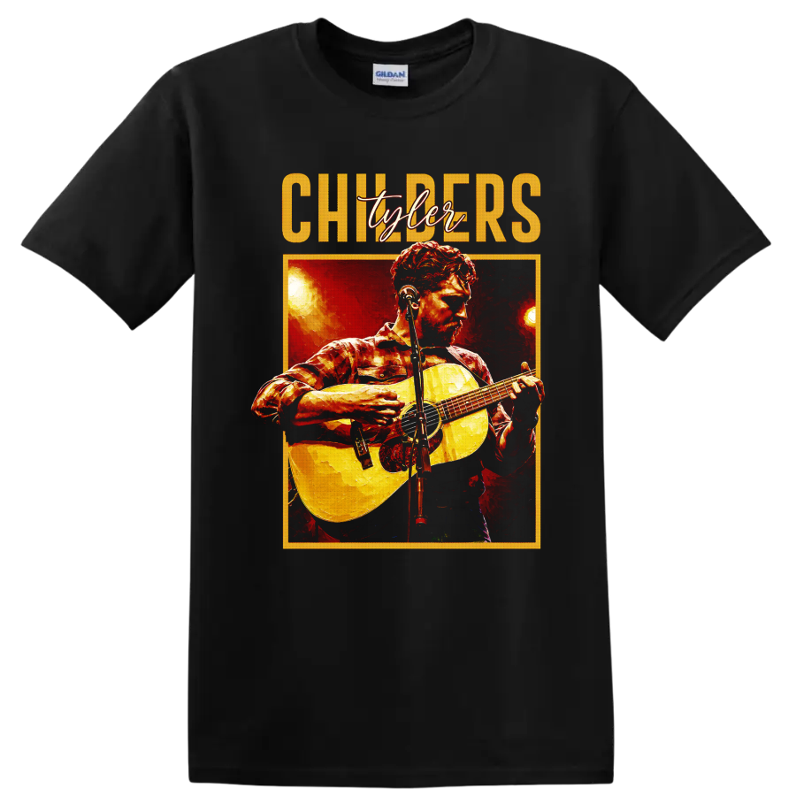Tyler Childers painterly concert portrait with acoustic guitar and stage lights on a Black T Shirt