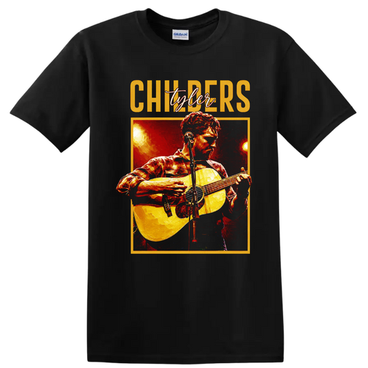 Tyler Childers painterly concert portrait with acoustic guitar and stage lights on a Black T Shirt