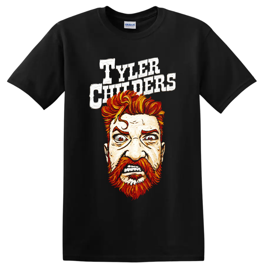 Tyler Childers illustrated portrait with fiery hair and distressed white lettering on a Black T Shirt