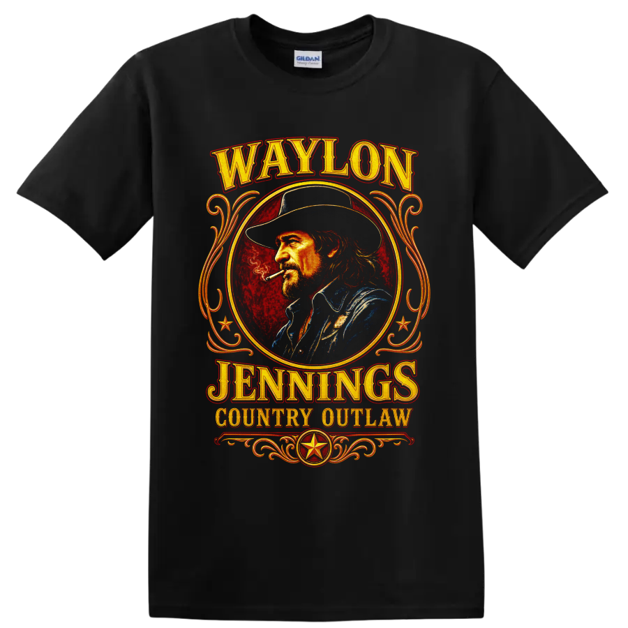 Waylon Jennings country outlaw Western portrait with vintage lettering and gold scrollwork on a Black T Shirt
