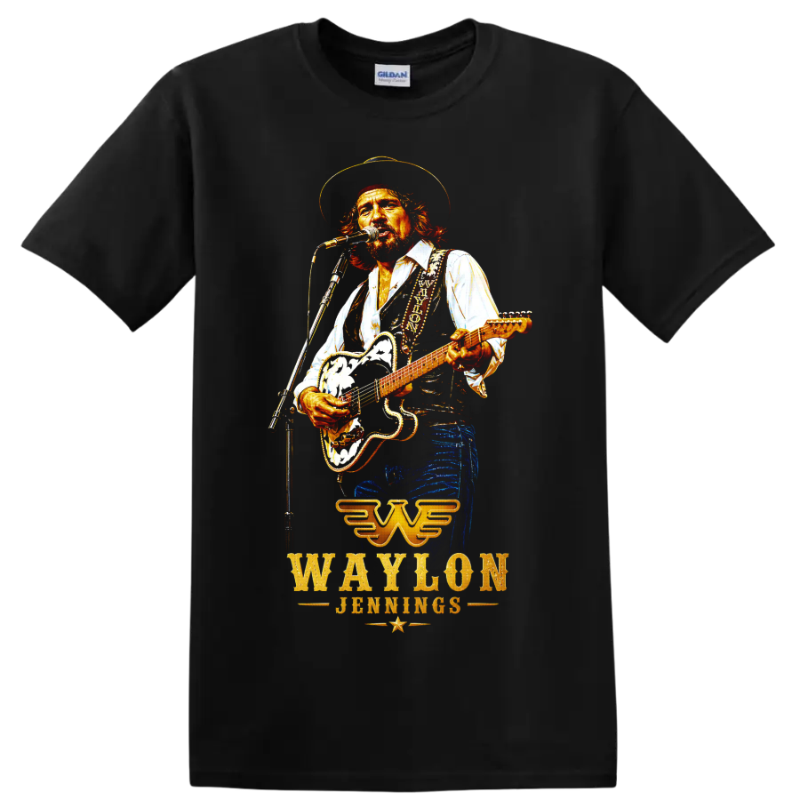 Waylon Jennings performing with guitar in vivid western concert-style artwork on a Black T Shirt