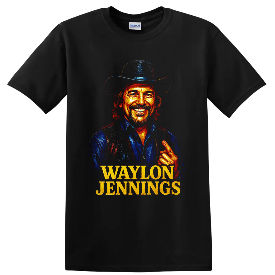 Waylon Jennings painted cowboy hat portrait with bold gold name lettering on a Black T Shirt