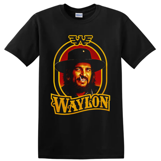 Waylon Jennings western cowboy portrait with red backdrop and gold Waylon lettering on a Black T Shirt