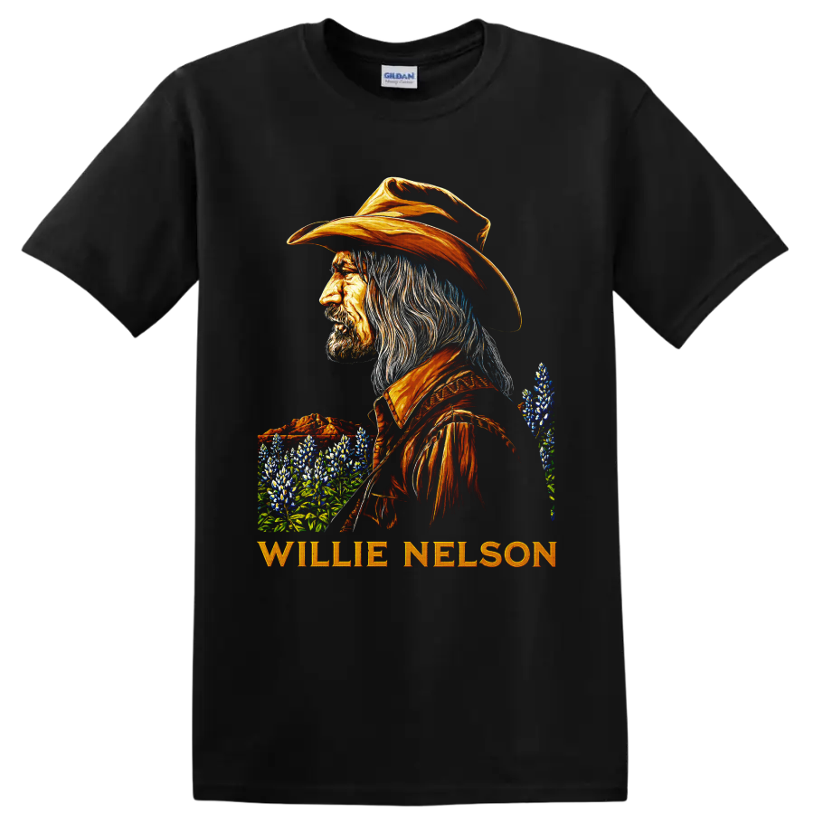 Willie Nelson western portrait with orange cowboy hat, bluebonnets, and name lettering on a Black T Shirt