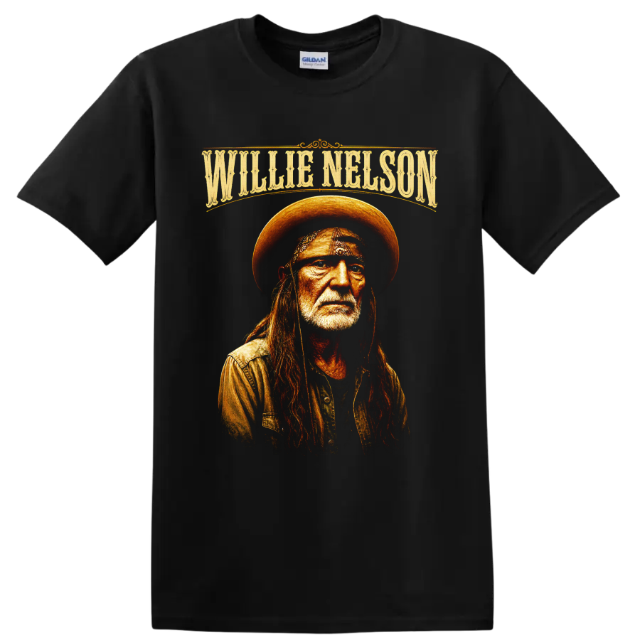 Willie Nelson portrait in western hat and bandana with ornate name lettering on a Black T Shirt