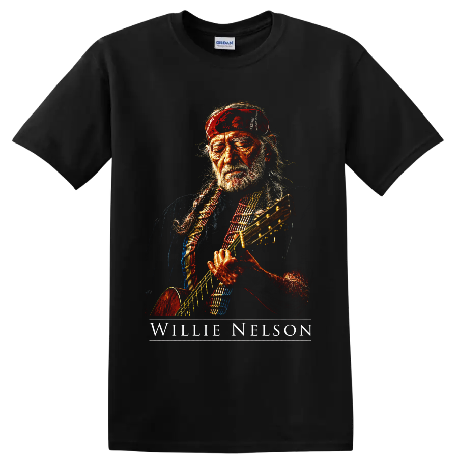Willie Nelson guitar portrait in a bold painterly country music style on a Black T Shirt