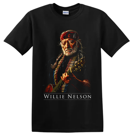 Willie Nelson guitar portrait in a bold painterly country music style on a Black T Shirt