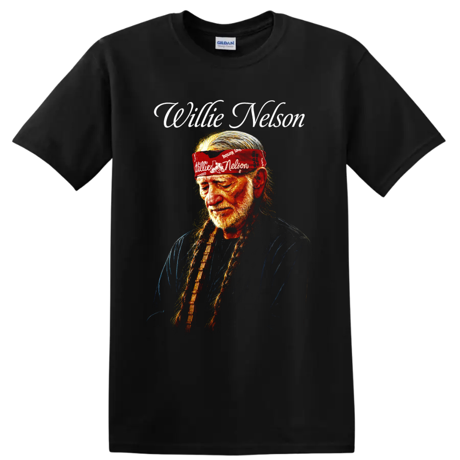 Willie Nelson portrait with long braids, red bandana, and white script lettering on a Black T Shirt