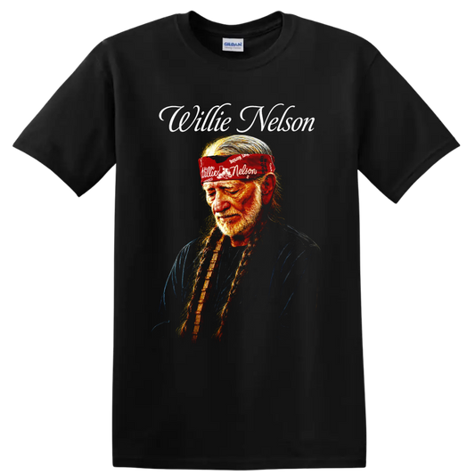 Willie Nelson portrait with long braids, red bandana, and white script lettering on a Black T Shirt